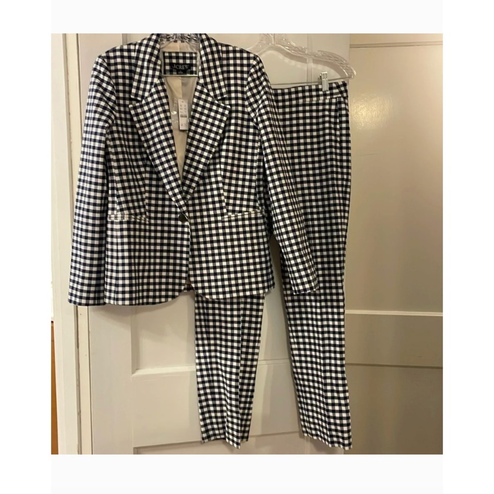 J. Crew 2 Pc Parke Kate Pants Suit Jacket Blazer In Blue/White Gingham SZ 4 EUC
